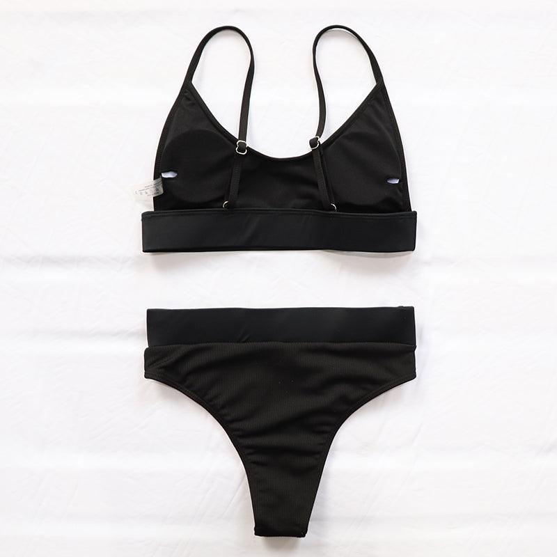 Maillots de bain côtelés taille haute pour femmes, bikinis push-up pour femmes, maillots de bain à col dégagé pour femmes, ensembles de bikinis taille haute 2 pièces, maillots de bain à bretelles unies, ensemble pour femmes