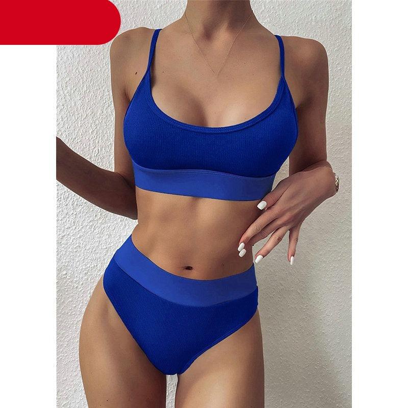 Maillots de bain côtelés taille haute pour femmes, bikinis push-up pour femmes, maillots de bain à col dégagé pour femmes, ensembles de bikinis taille haute 2 pièces, maillots de bain à bretelles unies, ensemble pour femmes