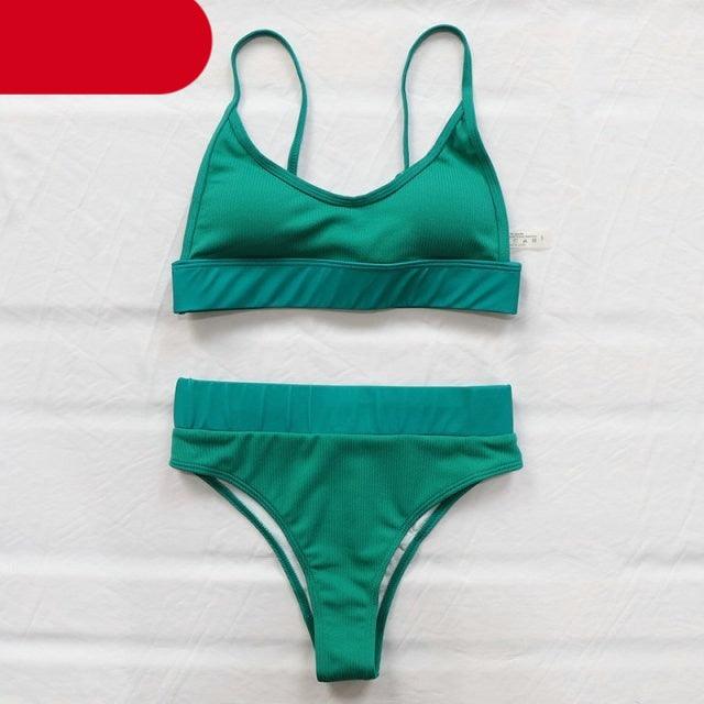 Maillots de bain côtelés taille haute pour femmes, bikinis push-up pour femmes, maillots de bain à col dégagé pour femmes, ensembles de bikinis taille haute 2 pièces, maillots de bain à bretelles unies, ensemble pour femmes
