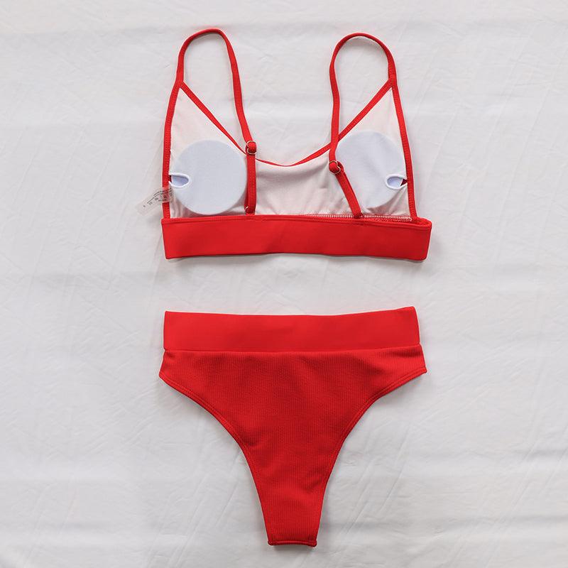 Maillots de bain côtelés taille haute pour femmes, bikinis push-up pour femmes, maillots de bain à col dégagé pour femmes, ensembles de bikinis taille haute 2 pièces, maillots de bain à bretelles unies, ensemble pour femmes