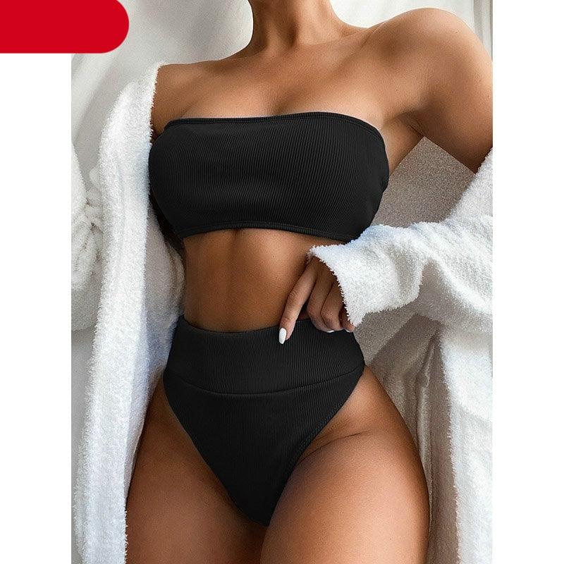 Maillots de bain bikinis taille haute Femme Noir sans bretelles Maillot de bain femme échancré Tenue de plage femme Maillot de bain une pièce à col dégagé, découpe sur le devant et laçage au dos, coupe haute