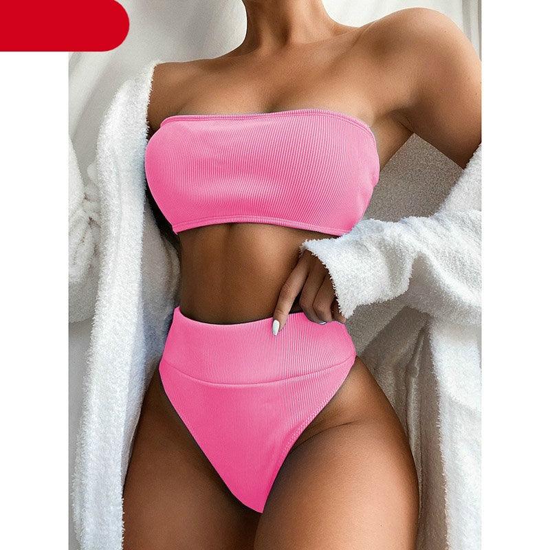 Maillots de bain bikinis taille haute Femme Noir sans bretelles Maillot de bain femme échancré Tenue de plage femme Maillot de bain une pièce à col dégagé, découpe sur le devant et laçage au dos, coupe haute