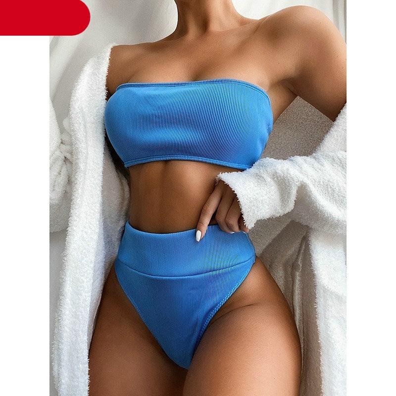 Maillots de bain bikinis taille haute Femme Noir sans bretelles Maillot de bain femme échancré Tenue de plage femme Maillot de bain une pièce à col dégagé, découpe sur le devant et laçage au dos, coupe haute