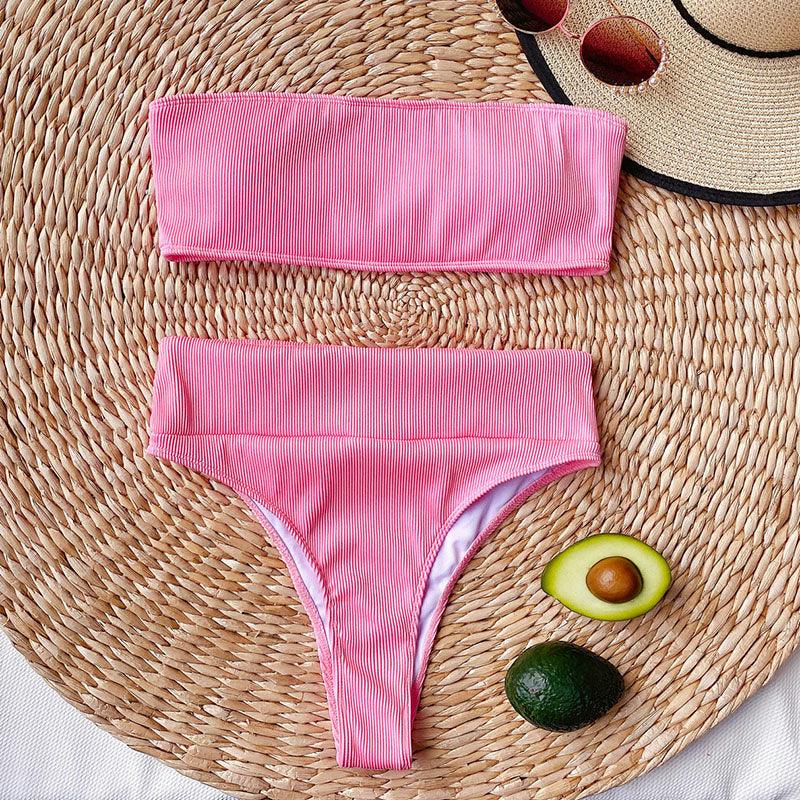 Maillots de bain bikinis taille haute Femme Noir sans bretelles Maillot de bain femme échancré Tenue de plage femme Maillot de bain une pièce à col dégagé, découpe sur le devant et laçage au dos, coupe haute
