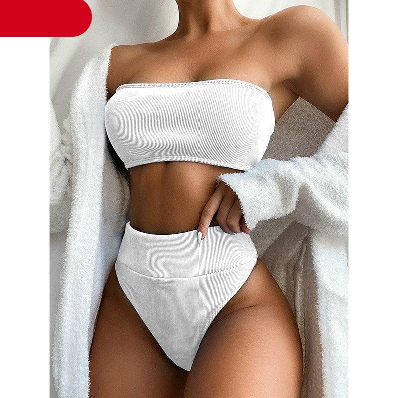 Maillots de bain bikinis taille haute Femme Noir sans bretelles Maillot de bain femme échancré Tenue de plage femme Maillot de bain une pièce à col dégagé, découpe sur le devant et laçage au dos, coupe haute