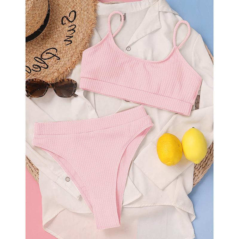 Maillots de bain taille haute bikinis femmes push-up maillots de bain ensembles bikini taille haute unis maillot de bain sportif deux pièces maillot de bain col rond pour femmes maillots de bain côtelés coupe haute vêtements de plage d'été