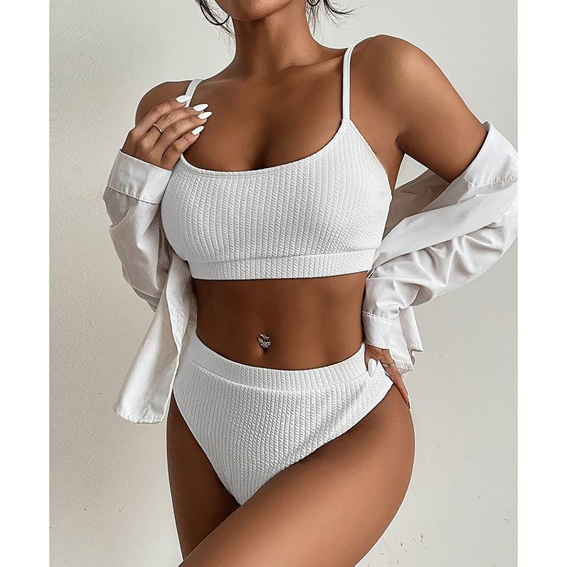 Maillots de bain taille haute bikinis femmes push-up maillots de bain ensembles bikini taille haute unis maillot de bain sportif deux pièces maillot de bain col rond pour femmes maillots de bain côtelés coupe haute vêtements de plage d'été