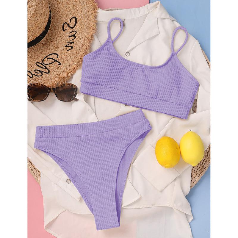 Maillots de bain taille haute bikinis femmes push-up maillots de bain ensembles bikini taille haute unis maillot de bain sportif deux pièces maillot de bain col rond pour femmes maillots de bain côtelés coupe haute vêtements de plage d'été