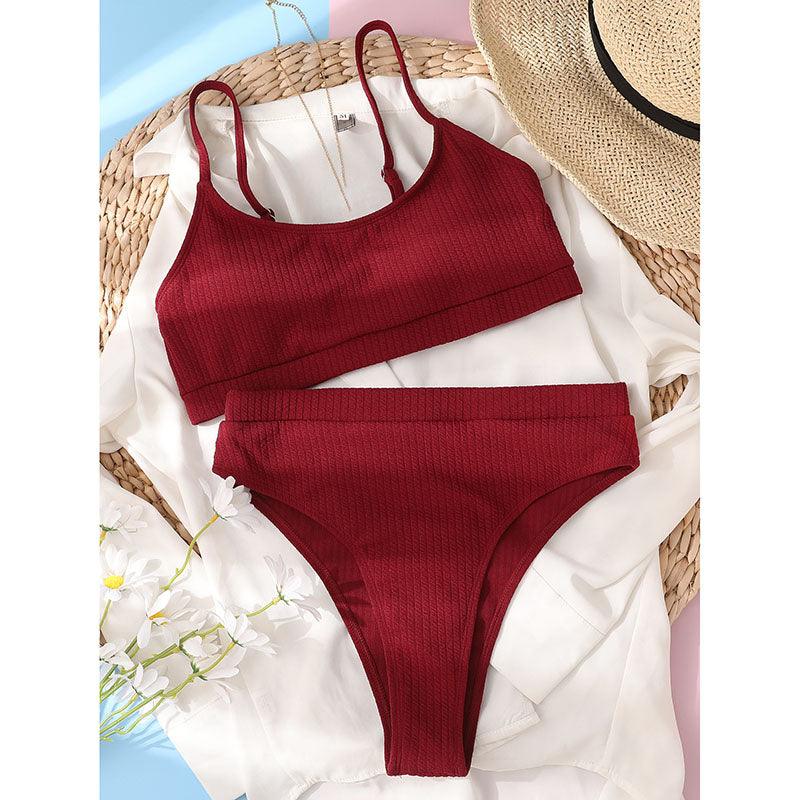 Maillots de bain taille haute bikinis femmes push-up maillots de bain ensembles bikini taille haute unis maillot de bain sportif deux pièces maillot de bain col rond pour femmes maillots de bain côtelés coupe haute vêtements de plage d'été