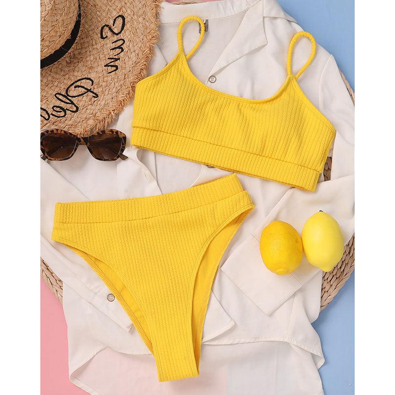 Maillots de bain taille haute bikinis femmes push-up maillots de bain ensembles bikini taille haute unis maillot de bain sportif deux pièces maillot de bain col rond pour femmes maillots de bain côtelés coupe haute vêtements de plage d'été