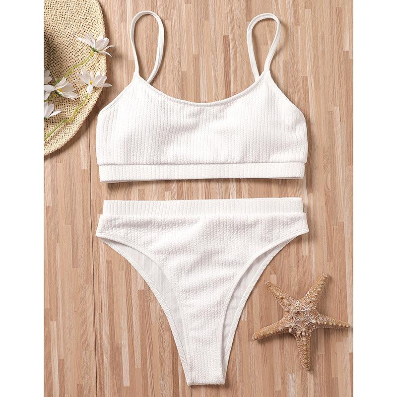 Maillots de bain taille haute bikinis femmes push-up maillots de bain ensembles bikini taille haute unis maillot de bain sportif deux pièces maillot de bain col rond pour femmes maillots de bain côtelés coupe haute vêtements de plage d'été