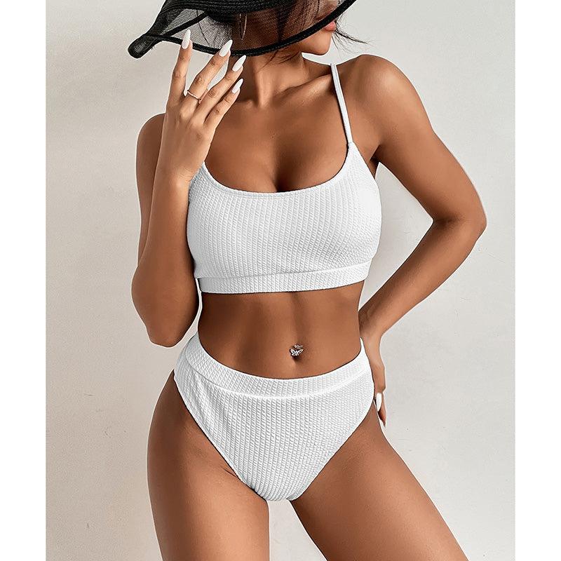 Maillots de bain taille haute bikinis femmes push-up maillots de bain ensembles bikini taille haute unis maillot de bain sportif deux pièces maillot de bain col rond pour femmes maillots de bain côtelés coupe haute vêtements de plage d'été