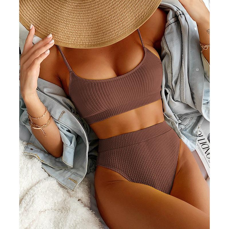 Maillots de bain taille haute bikinis femmes push-up maillots de bain ensembles bikini taille haute unis maillot de bain sportif deux pièces maillot de bain col rond pour femmes maillots de bain côtelés coupe haute vêtements de plage d'été