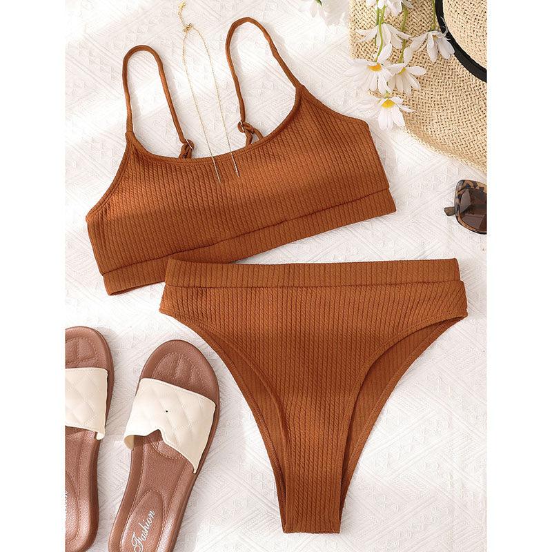 Maillots de bain taille haute bikinis femmes push-up maillots de bain ensembles bikini taille haute unis maillot de bain sportif deux pièces maillot de bain col rond pour femmes maillots de bain côtelés coupe haute vêtements de plage d'été