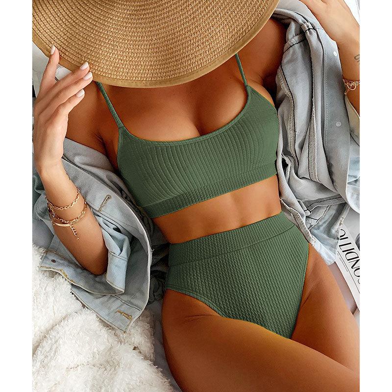 Maillots de bain taille haute bikinis femmes push-up maillots de bain ensembles bikini taille haute unis maillot de bain sportif deux pièces maillot de bain col rond pour femmes maillots de bain côtelés coupe haute vêtements de plage d'été