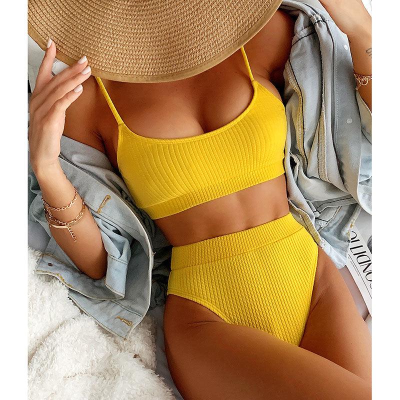 Maillots de bain taille haute bikinis femmes push-up maillots de bain ensembles bikini taille haute unis maillot de bain sportif deux pièces maillot de bain col rond pour femmes maillots de bain côtelés coupe haute vêtements de plage d'été