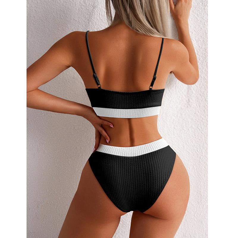 Maillots de bain taille haute bikinis femmes push-up maillots de bain ensembles bikini taille haute unis maillot de bain sportif deux pièces maillot de bain col rond pour femmes maillots de bain côtelés coupe haute vêtements de plage d'été