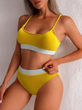 Maillots de bain taille haute bikinis femmes push-up maillots de bain ensembles bikini taille haute unis maillot de bain sportif deux pièces maillot de bain col rond pour femmes maillots de bain côtelés coupe haute vêtements de plage d'été