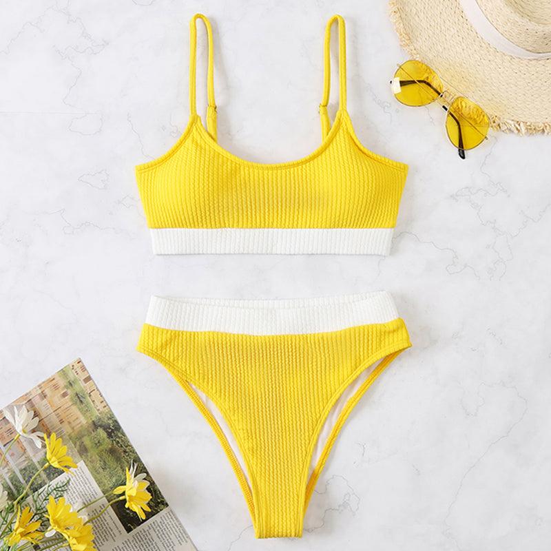 Maillots de bain taille haute bikinis femmes push-up maillots de bain ensembles bikini taille haute unis maillot de bain sportif deux pièces maillot de bain col rond pour femmes maillots de bain côtelés coupe haute vêtements de plage d'été