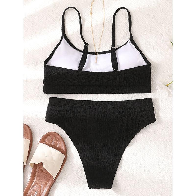 Maillots de bain taille haute bikinis femmes push-up maillots de bain ensembles bikini taille haute unis maillot de bain sportif deux pièces maillot de bain col rond pour femmes maillots de bain côtelés coupe haute vêtements de plage d'été