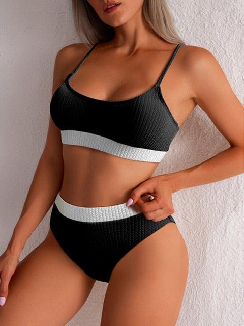 Maillots de bain taille haute bikinis femmes push-up maillots de bain ensembles bikini taille haute unis maillot de bain sportif deux pièces maillot de bain col rond pour femmes maillots de bain côtelés coupe haute vêtements de plage d'été