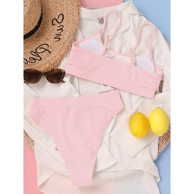 Maillots de bain taille haute bikinis femmes push-up maillots de bain ensembles bikini taille haute unis maillot de bain sportif deux pièces maillot de bain col rond pour femmes maillots de bain côtelés coupe haute vêtements de plage d'été