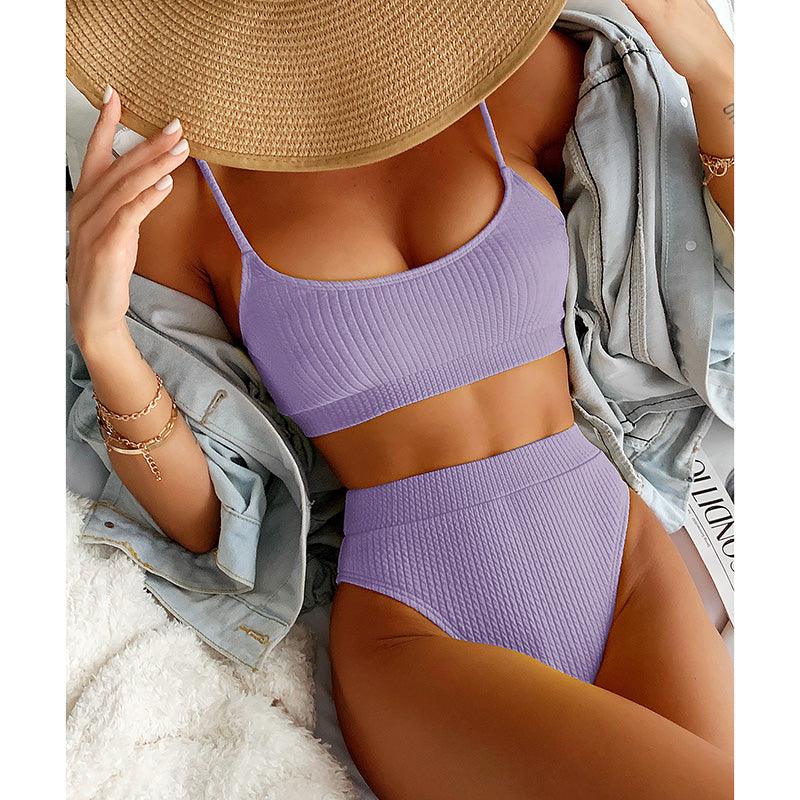 Maillots de bain taille haute bikinis femmes push-up maillots de bain ensembles bikini taille haute unis maillot de bain sportif deux pièces maillot de bain col rond pour femmes maillots de bain côtelés coupe haute vêtements de plage d'été