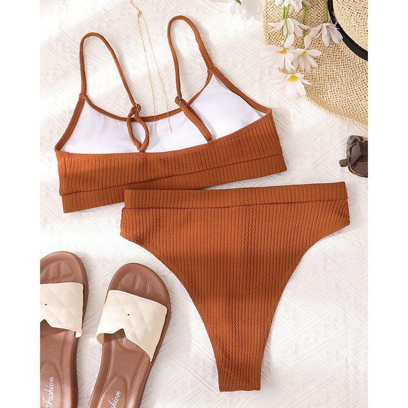 Maillots de bain taille haute bikinis femmes push-up maillots de bain ensembles bikini taille haute unis maillot de bain sportif deux pièces maillot de bain col rond pour femmes maillots de bain côtelés coupe haute vêtements de plage d'été