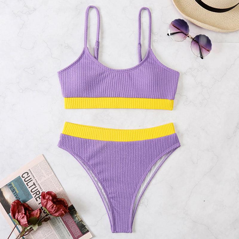 Maillots de bain taille haute bikinis femmes push-up maillots de bain ensembles bikini taille haute unis maillot de bain sportif deux pièces maillot de bain col rond pour femmes maillots de bain côtelés coupe haute vêtements de plage d'été