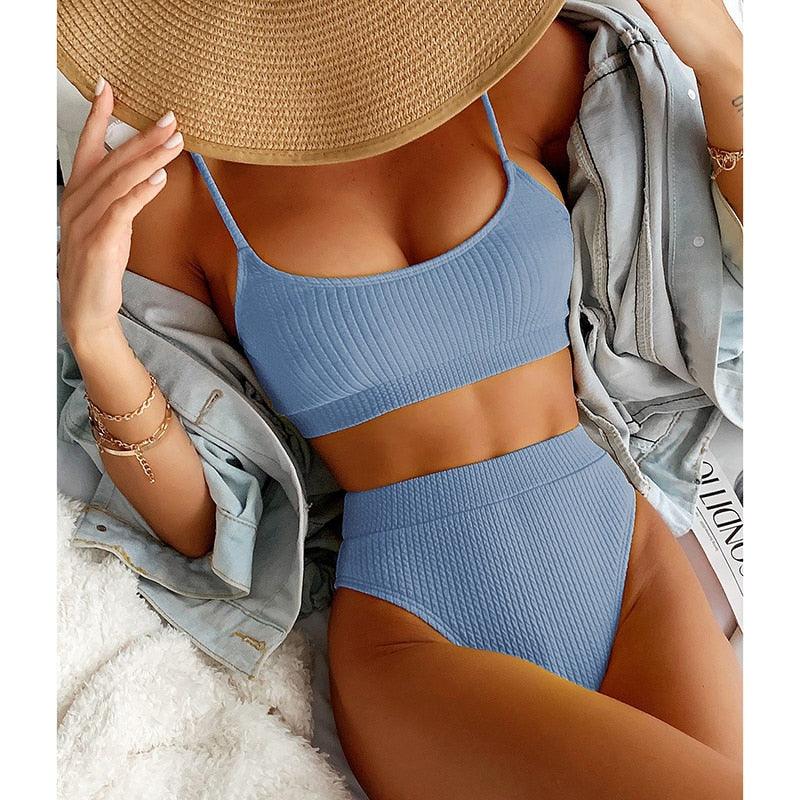 Maillots de bain taille haute bikinis femmes push-up maillots de bain ensembles bikini taille haute unis maillot de bain sportif deux pièces maillot de bain col rond pour femmes maillots de bain côtelés coupe haute vêtements de plage d'été