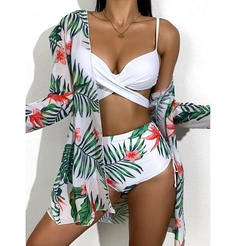 Ensemble de maillots de bain taille haute Imprimé floral d'été Bikini Maillot de bain Plage Femme Maillot de bain Push-Up Teinture par nouage Ensemble de bikini 3 pièces à cordes Coupe haute