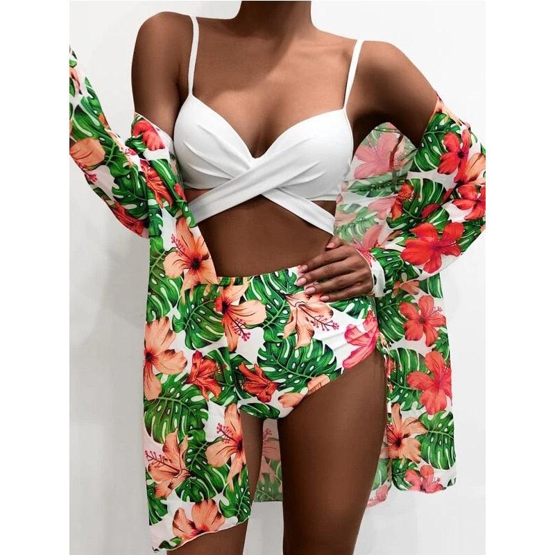 Ensemble de maillots de bain taille haute Imprimé floral d'été Bikini Maillot de bain Plage Femme Maillot de bain Push-Up Teinture par nouage Ensemble de bikini 3 pièces à cordes Coupe haute