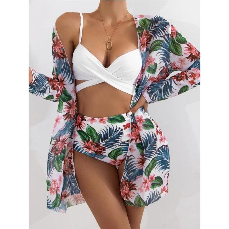 Ensemble de maillots de bain taille haute Imprimé floral d'été Bikini Maillot de bain Plage Femme Maillot de bain Push-Up Teinture par nouage Ensemble de bikini 3 pièces à cordes Coupe haute