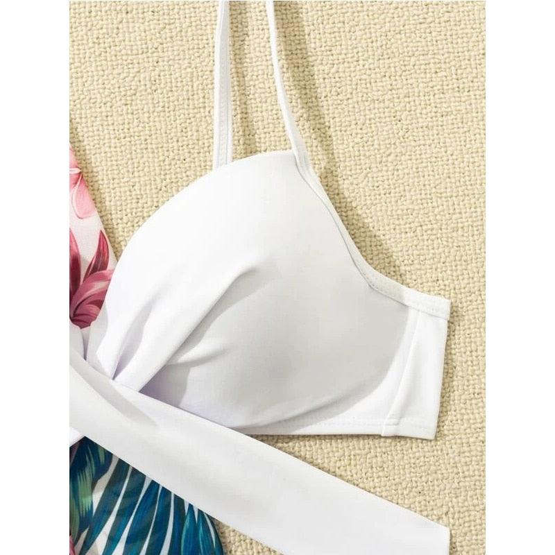 Ensemble de maillots de bain taille haute Imprimé floral d'été Bikini Maillot de bain Plage Femme Maillot de bain Push-Up Teinture par nouage Ensemble de bikini 3 pièces à cordes Coupe haute