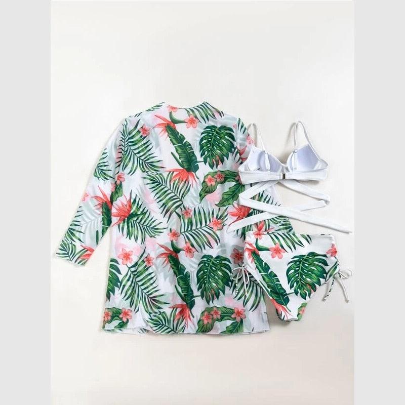 Ensemble de maillots de bain taille haute Imprimé floral d'été Bikini Maillot de bain Plage Femme Maillot de bain Push-Up Teinture par nouage Ensemble de bikini 3 pièces à cordes Coupe haute