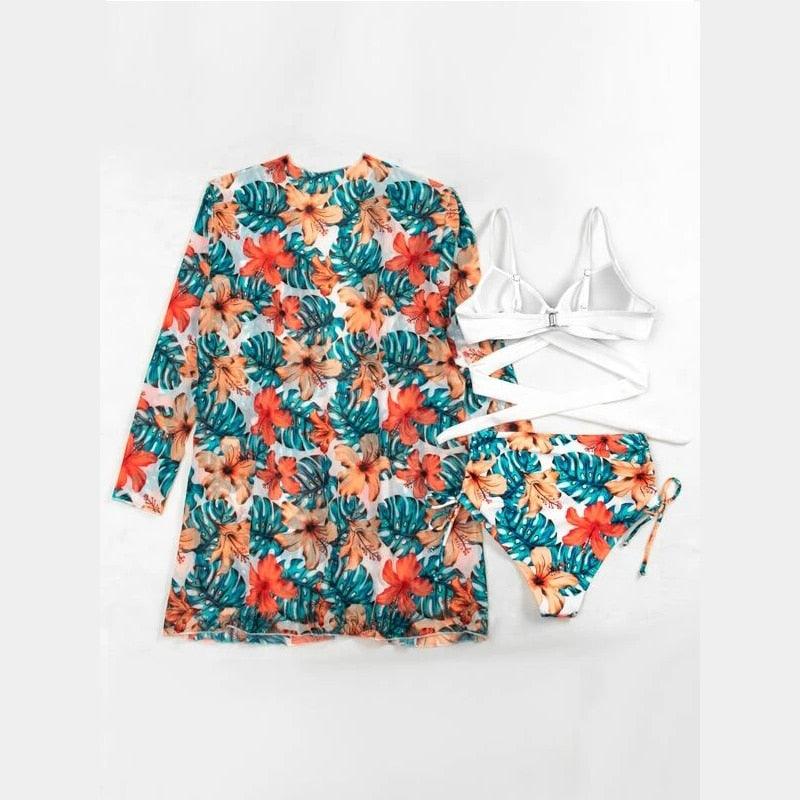 Ensemble de maillots de bain taille haute Imprimé floral d'été Bikini Maillot de bain Plage Femme Maillot de bain Push-Up Teinture par nouage Ensemble de bikini 3 pièces à cordes Coupe haute