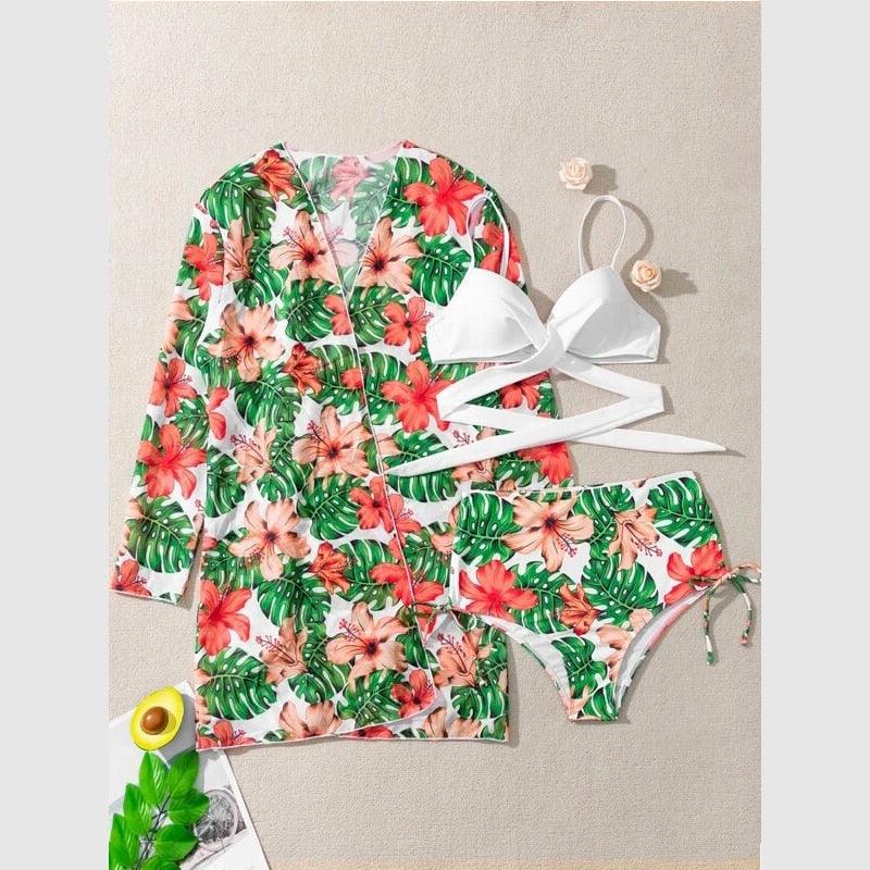 Ensemble de maillots de bain taille haute Imprimé floral d'été Bikini Maillot de bain Plage Femme Maillot de bain Push-Up Teinture par nouage Ensemble de bikini 3 pièces à cordes Coupe haute