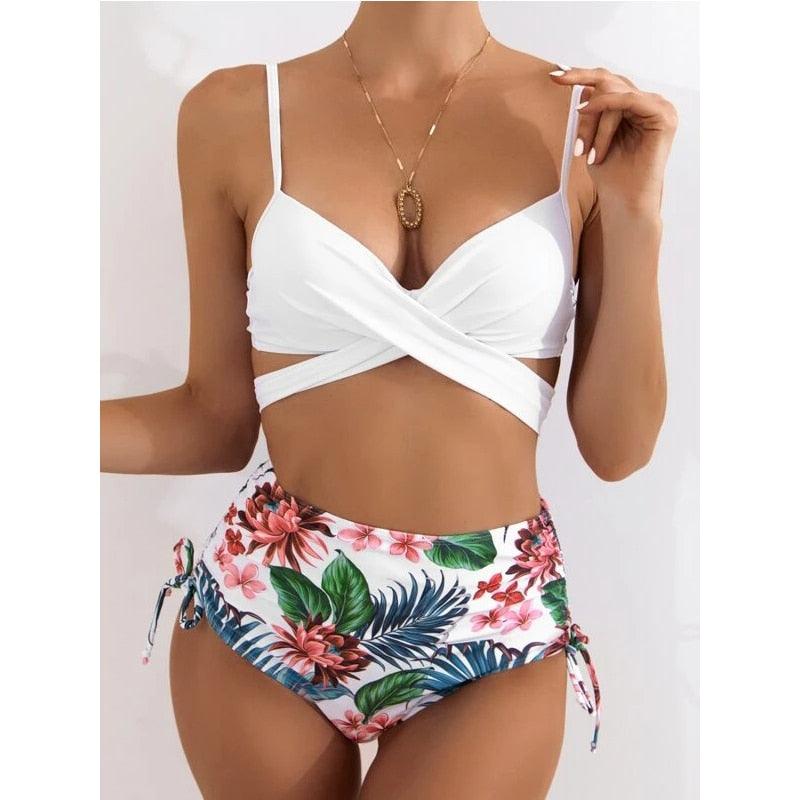Ensemble de maillots de bain taille haute Imprimé floral d'été Bikini Maillot de bain Plage Femme Maillot de bain Push-Up Teinture par nouage Ensemble de bikini 3 pièces à cordes Coupe haute