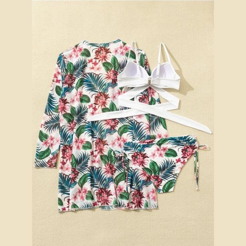 Ensemble de maillots de bain taille haute Imprimé floral d'été Bikini Maillot de bain Plage Femme Maillot de bain Push-Up Teinture par nouage Ensemble de bikini 3 pièces à cordes Coupe haute