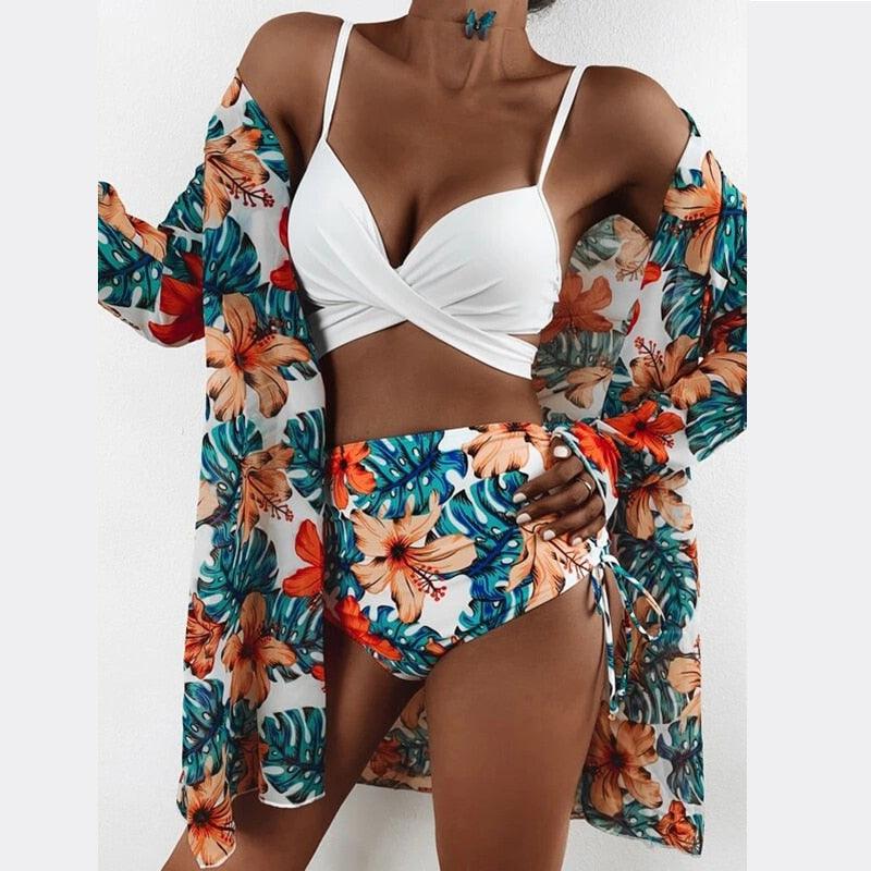 Ensemble de maillots de bain taille haute Imprimé floral d'été Bikini Maillot de bain Plage Femme Maillot de bain Push-Up Teinture par nouage Ensemble de bikini 3 pièces à cordes Coupe haute