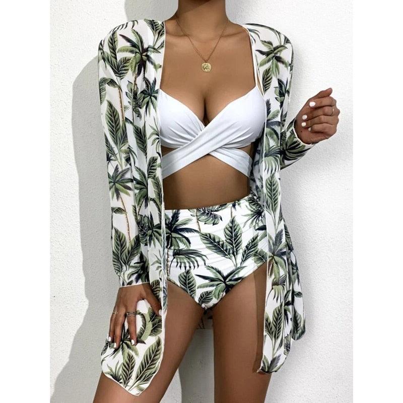 Ensemble de maillots de bain taille haute Imprimé floral d'été Bikini Maillot de bain Plage Femme Maillot de bain Push-Up Teinture par nouage Ensemble de bikini 3 pièces à cordes Coupe haute