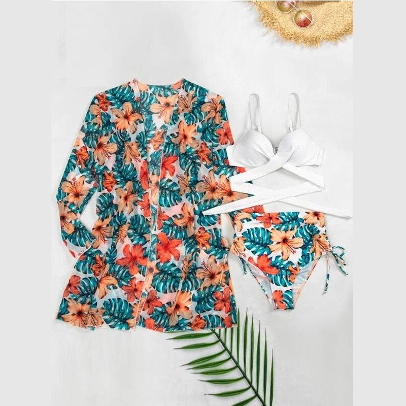 Ensemble de maillots de bain taille haute Imprimé floral d'été Bikini Maillot de bain Plage Femme Maillot de bain Push-Up Teinture par nouage Ensemble de bikini 3 pièces à cordes Coupe haute