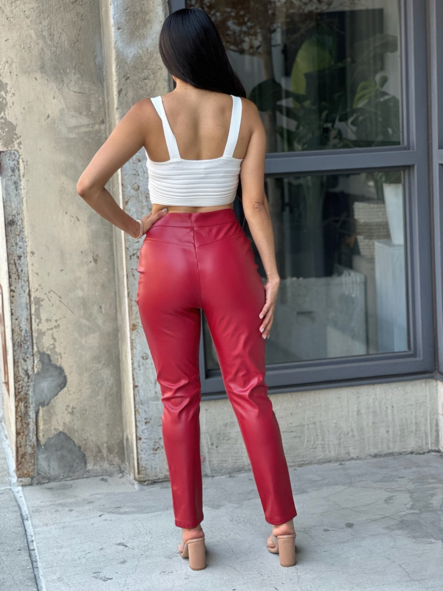 Jean moulant taille haute en faux cuir PU