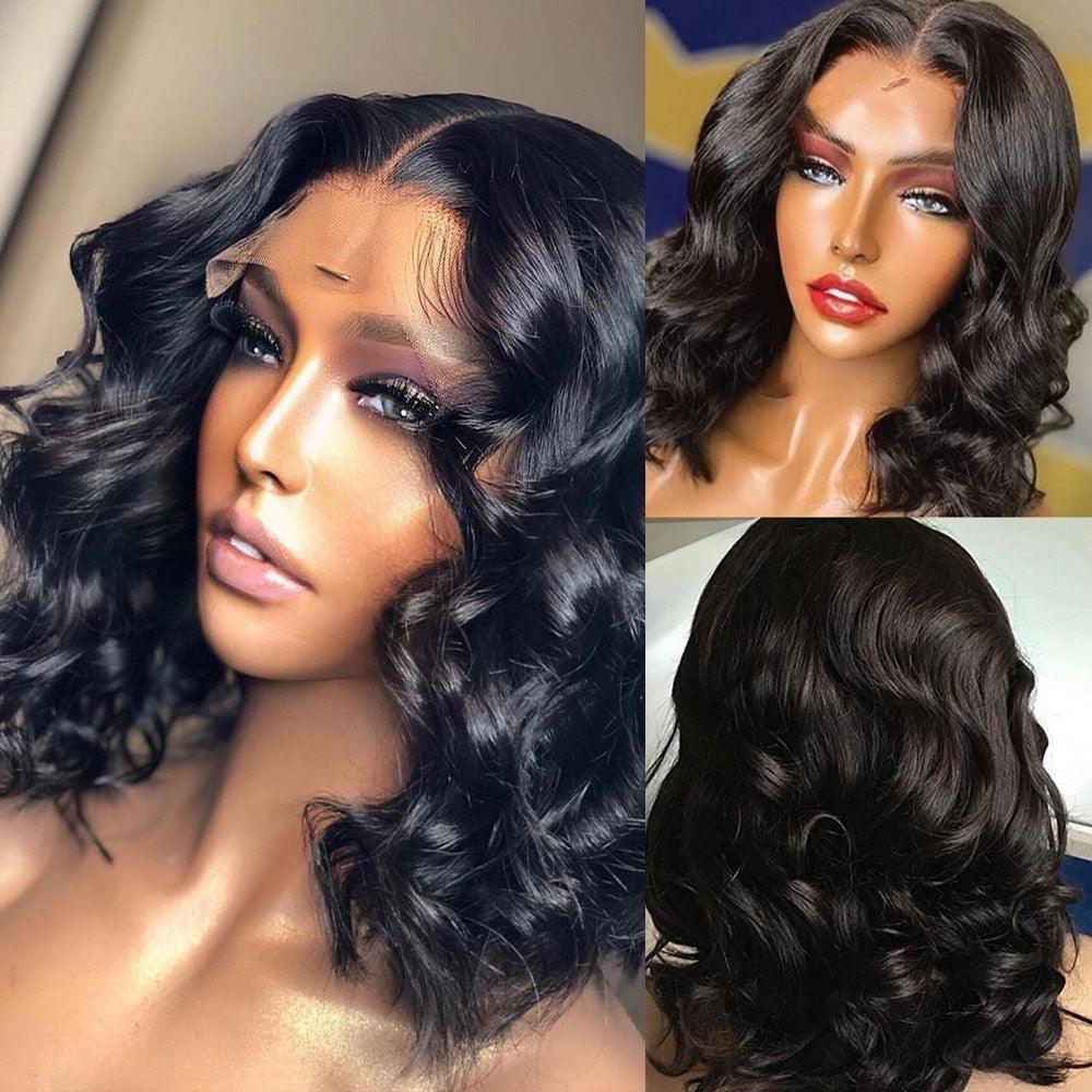 Perruques de cheveux humains mèches - Perruque courte bob pour femmes noires - En T - Brésilienne - Pré-épilée avec des cheveux de bébé - Perruques avant en dentelle ondulée pour femmes noires - Perruques de cosplay pour femmes