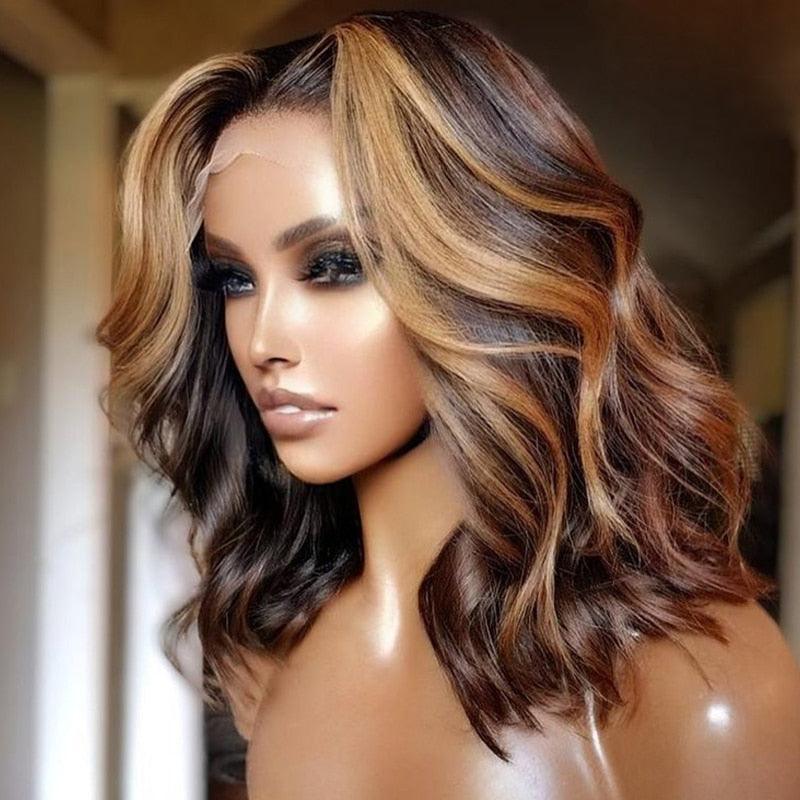 Perruques de cheveux humains mèches - Perruque courte bob pour femmes noires - En T - Brésilienne - Pré-épilée avec des cheveux de bébé - Perruques avant en dentelle ondulée pour femmes noires - Perruques de cosplay pour femmes