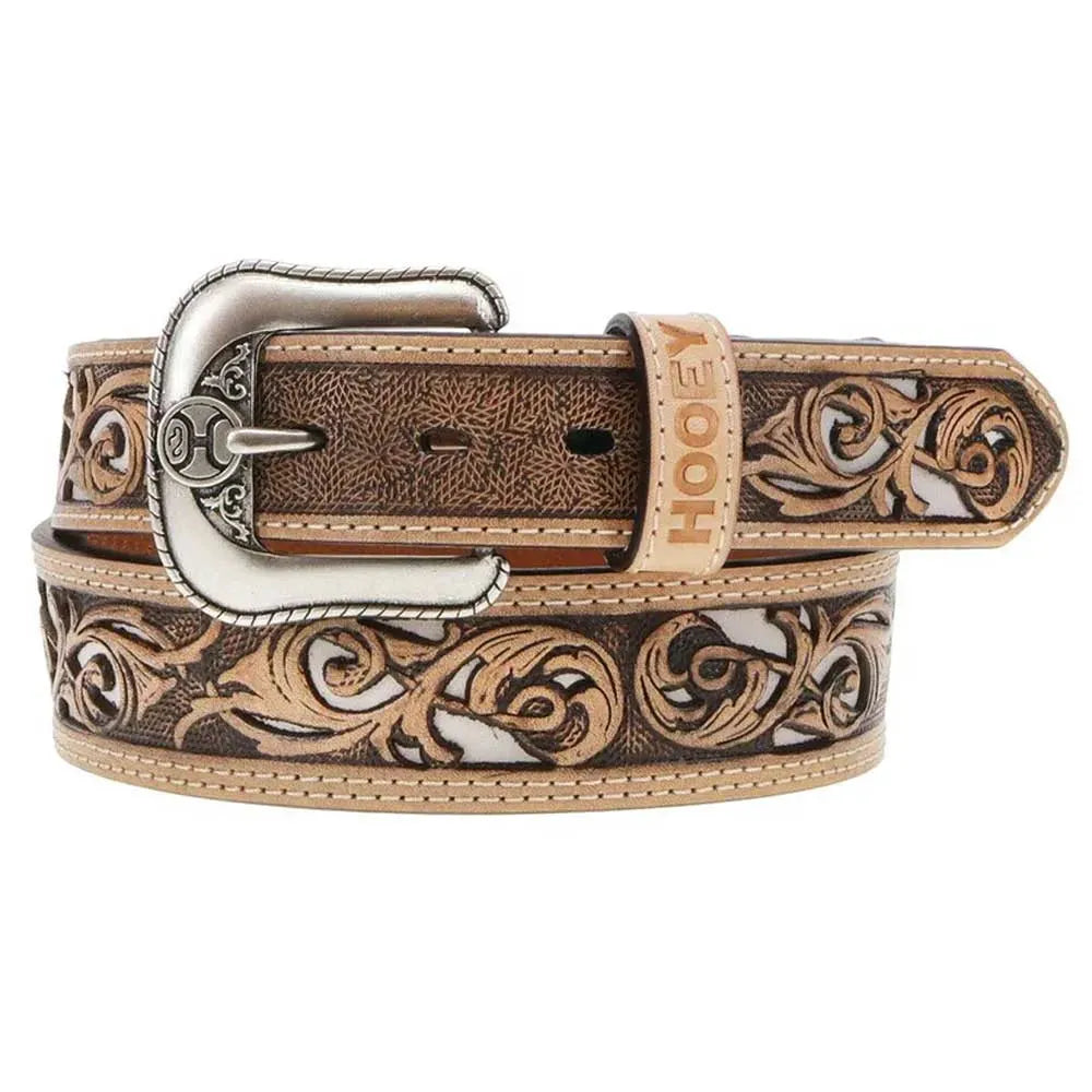 HOOey Ceinture en cuir pour homme, « Top Notch », gravée à la main (naturel/ivoire)