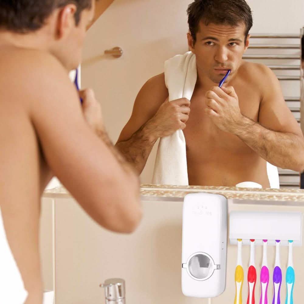 Distributeur automatique de dentifrice mural + support de 5 brosses à dents