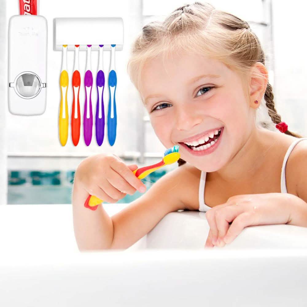 Distributeur automatique de dentifrice mural + support de 5 brosses à dents