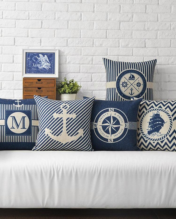 Taies d'oreiller décoratives pour la maison Housse de coussin méditerranéenne ancre bleue navigation boussole voilier taie d'oreiller housse de coussin décorative pour la maison housse boussole bleu marine bateau lin housse de coussin 45x45CM