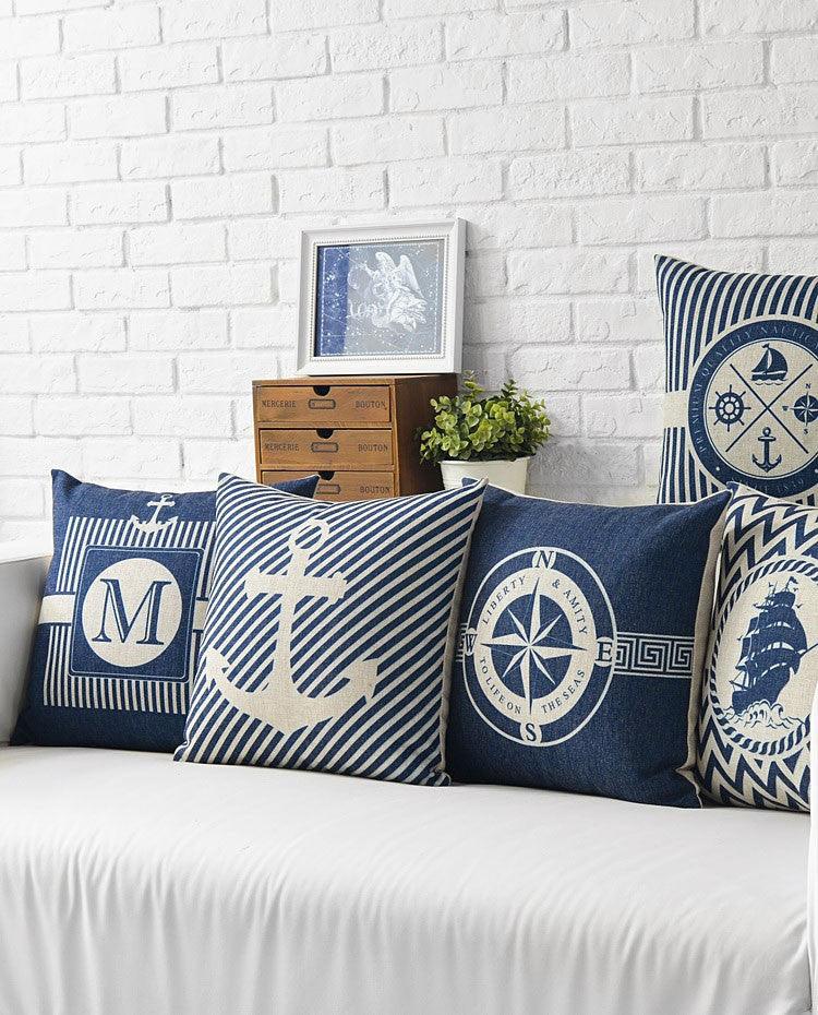 Taies d'oreiller décoratives pour la maison Housse de coussin méditerranéenne ancre bleue navigation boussole voilier taie d'oreiller housse de coussin décorative pour la maison housse boussole bleu marine bateau lin housse de coussin 45x45CM